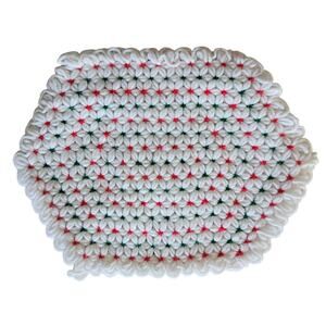 5 Vintage Handmade Crotched Yarn Placemats Christmas White Red Green Hexagon